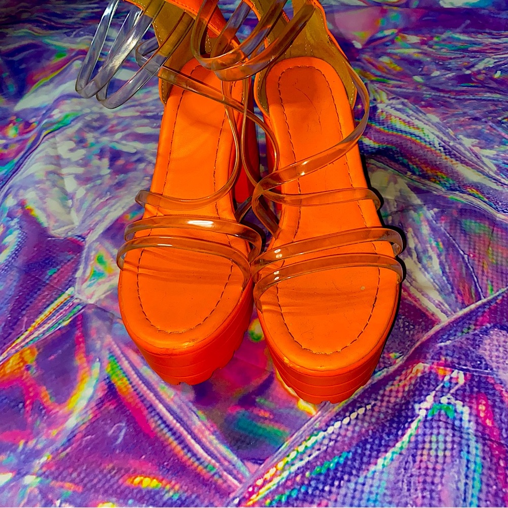 Funky Orange Ankle Strap Sandals For Women, Platform Chunky Heeled Sandals